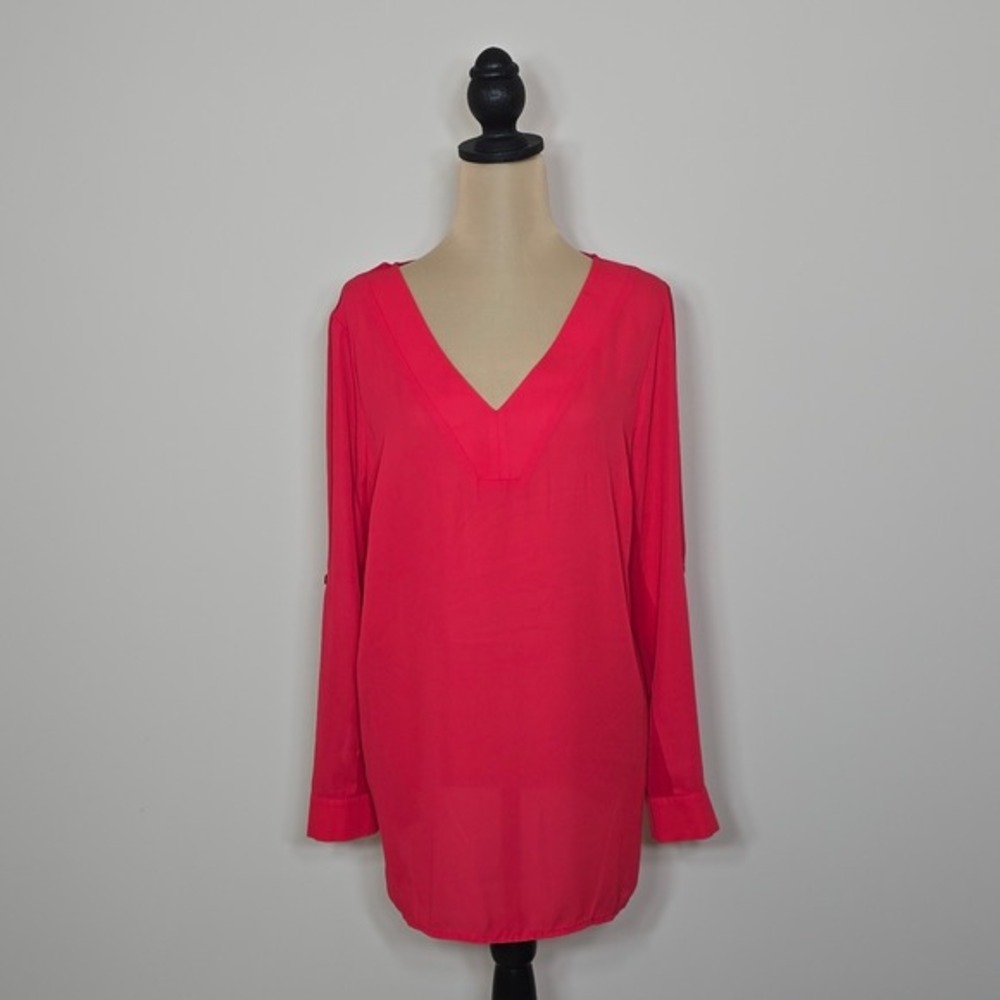 INC International Concepts Womens Coral Mixed Media V-Neck Roll-Tab Tunic Top L